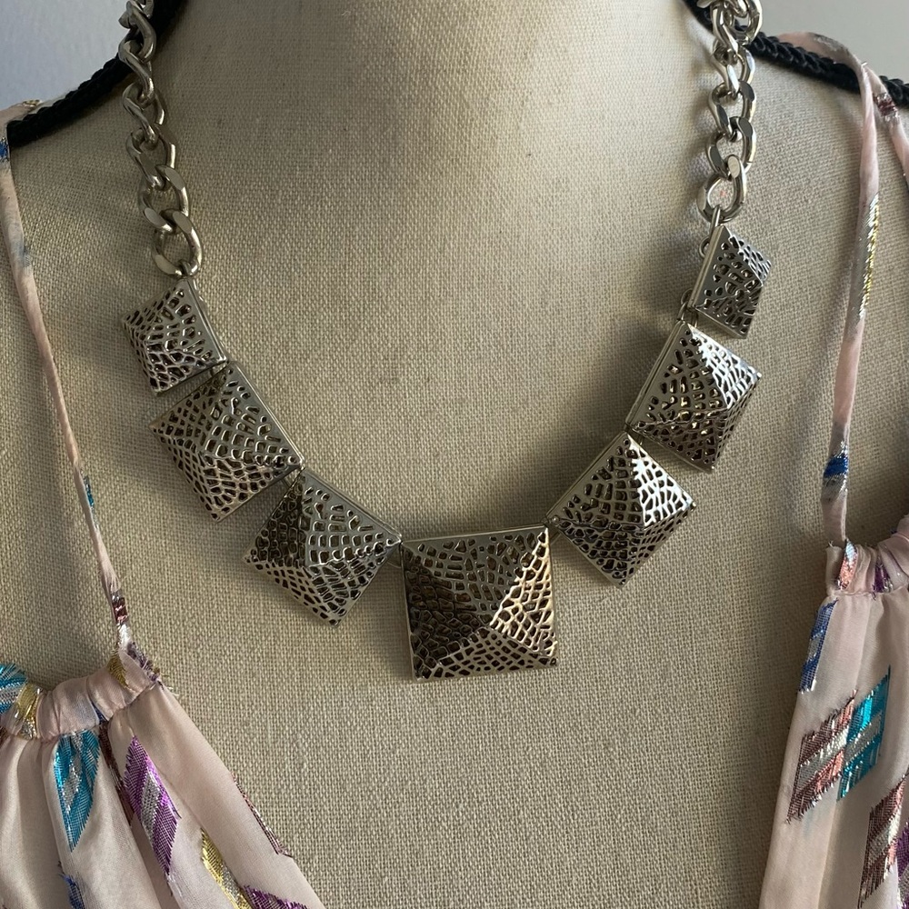 BCBG Silver Pyramids statement necklace